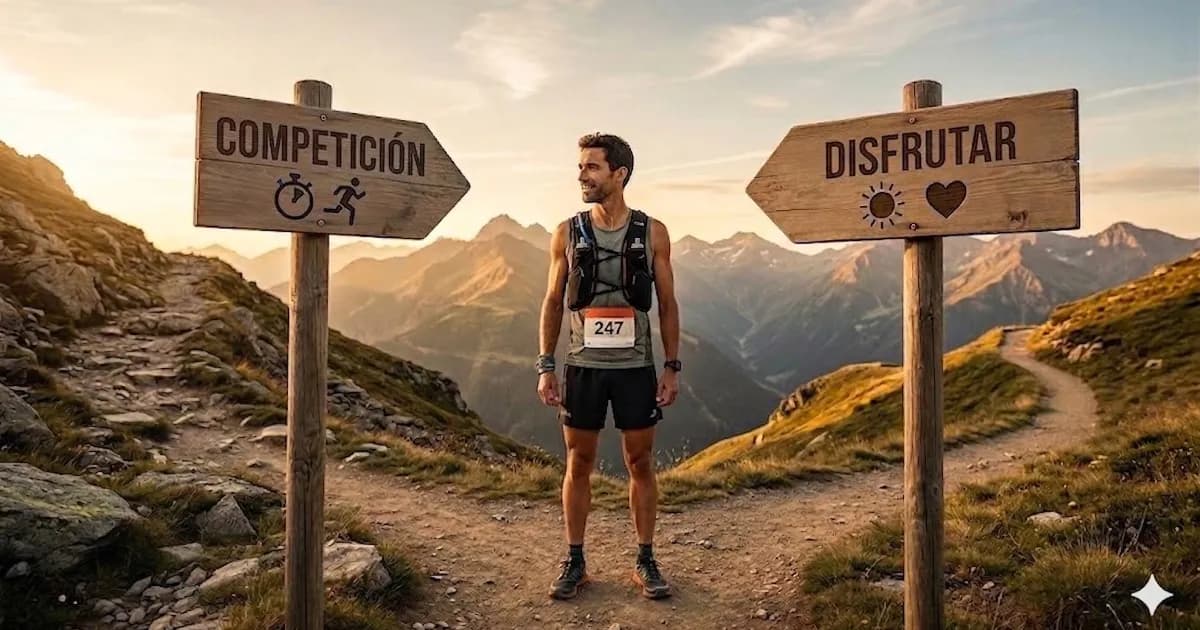 Corredor de trail de resistencia en un cruce de caminos de montaña con carteles de madera para 'COMPETICIÓN' y 'DISFRUTAR' al atardecer.